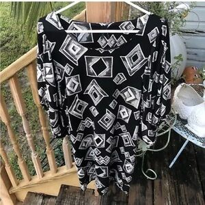 Lapis Black White Geometric Square Diamond Dress L Bubble Banded Hem Stretch